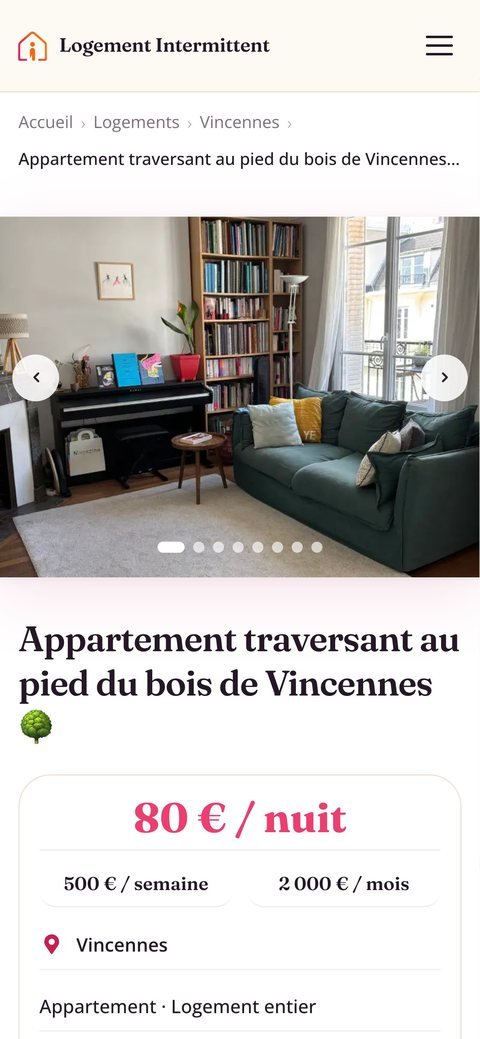 Site sur mobile : fiche d’un logement