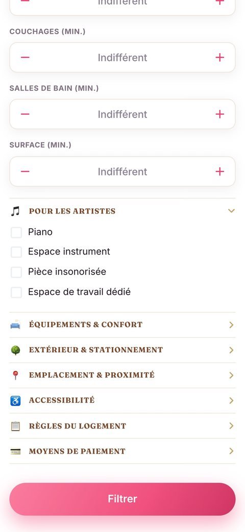 Site sur mobile : filtres pour artistes