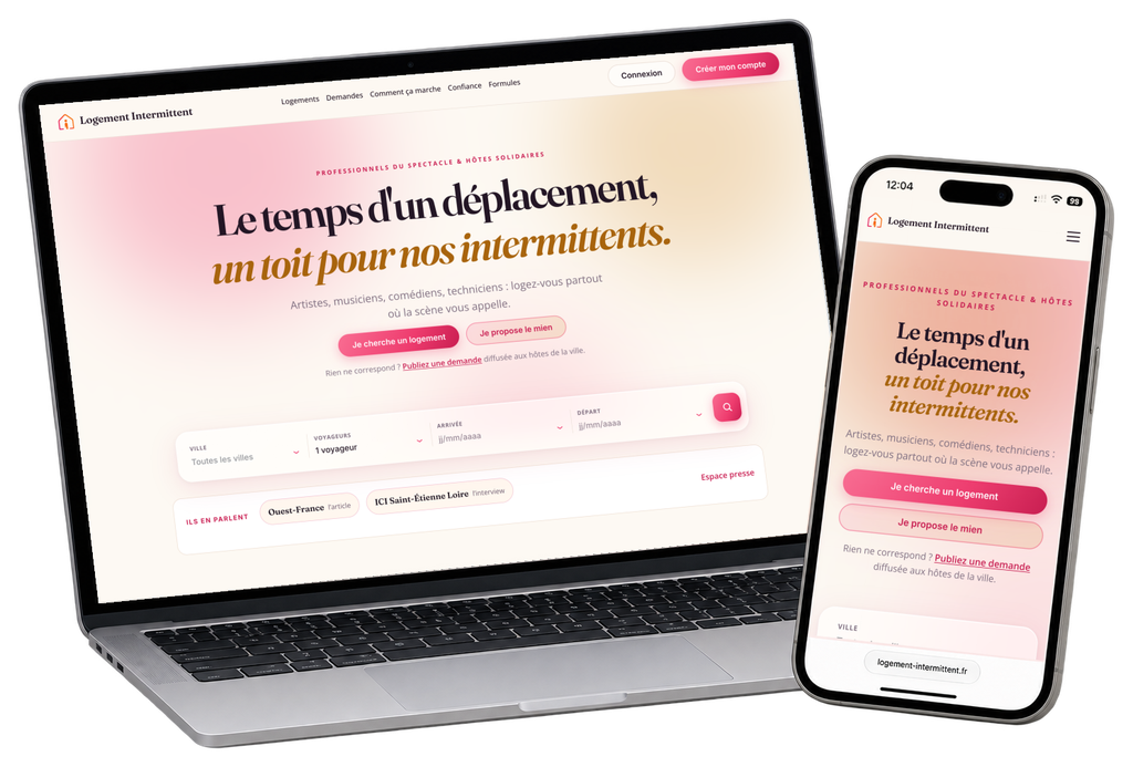 Le site Logement Intermittent sur un ordinateur portable et sur un telephone