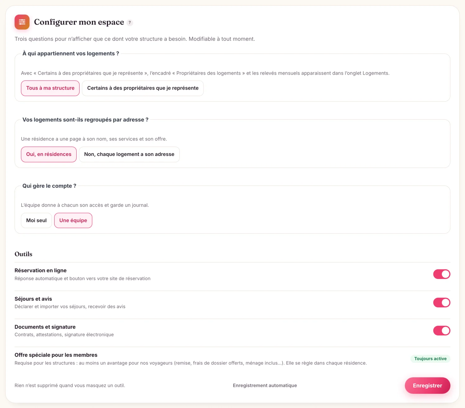 « Configurer mon espace » avec Hébergeur Pro : trois questions, puis les outils