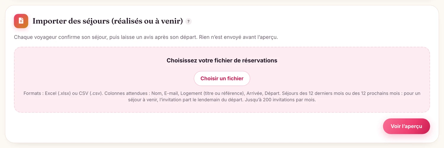 Déposez votre fichier de réservations : un aperçu s'affiche avant tout envoi.