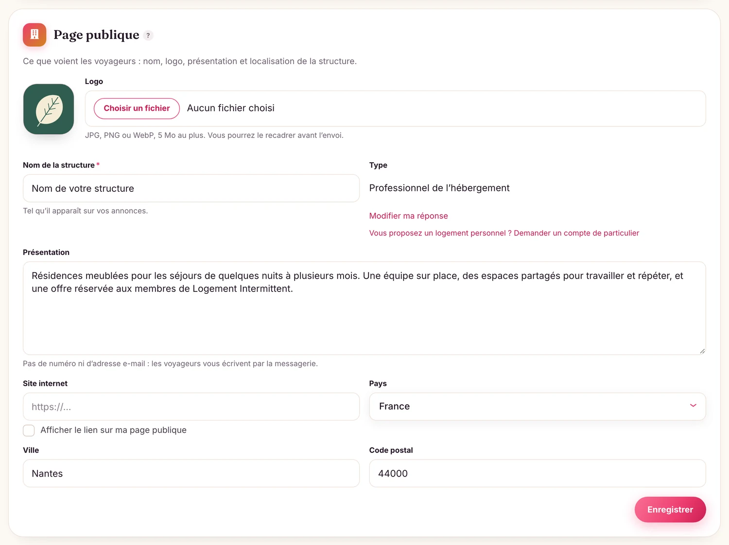 L’encadré « Page publique », dans l’onglet « Structure » du tableau de bord d’une structure d’exemple.