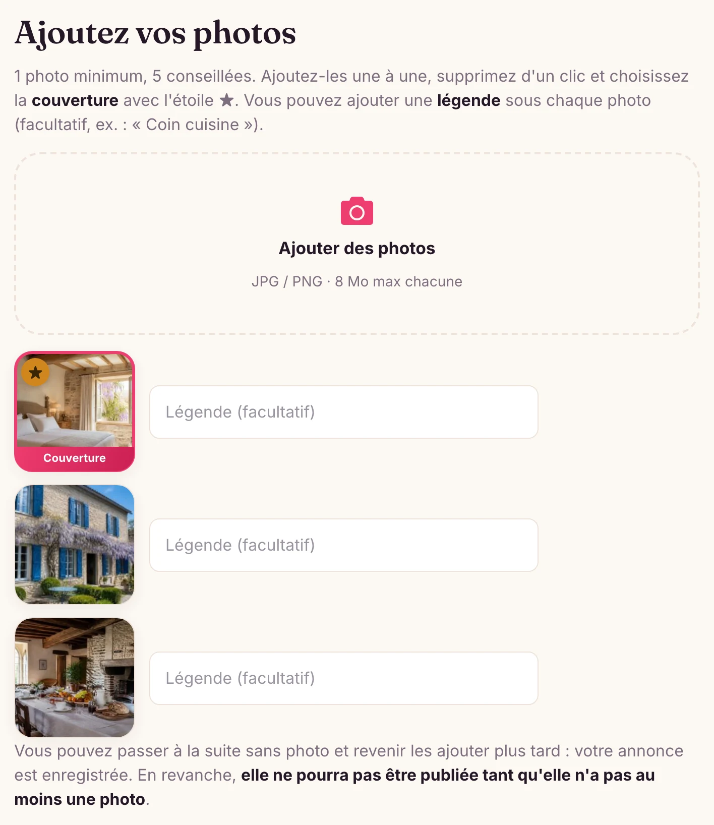 L’écran « Ajoutez vos photos » : la photo de couverture se choisit avec l’étoile ★, et une légende peut accompagner chaque photo.