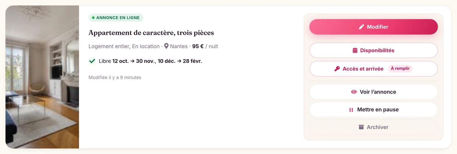 Dans « Mes annonces », le bouton « Modifier » est sur la carte ; le menu « Plus d’options » regroupe « Mettre en pause » et « Archiver ».