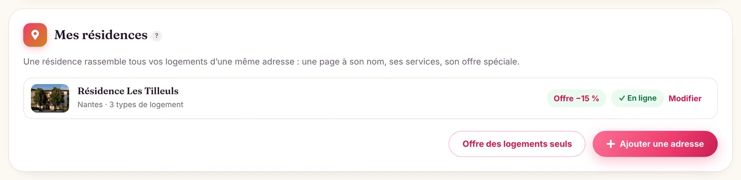 L’encadré « Mes résidences », dans l’onglet Logements : l’état de chaque résidence, son offre et le bouton « Ajouter une adresse ».