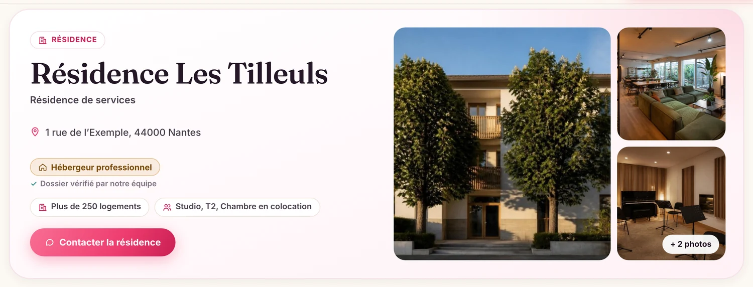 La page de la résidence telle que la verront les voyageurs : son nom, son adresse, ses photos et le bouton « Contacter la résidence ».
