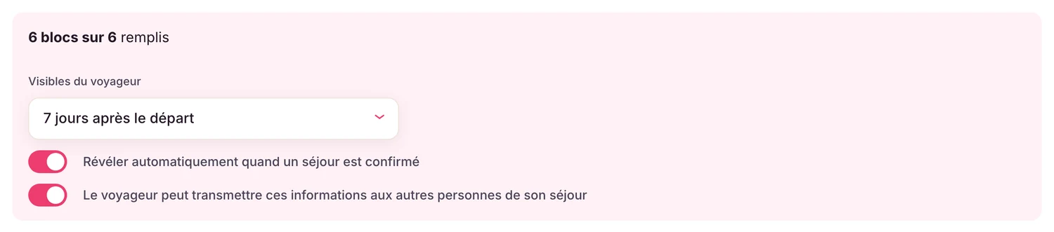 En haut de la fiche « Accès et arrivée » : la durée de visibilité et les deux interrupteurs, révélation automatique et transmission.