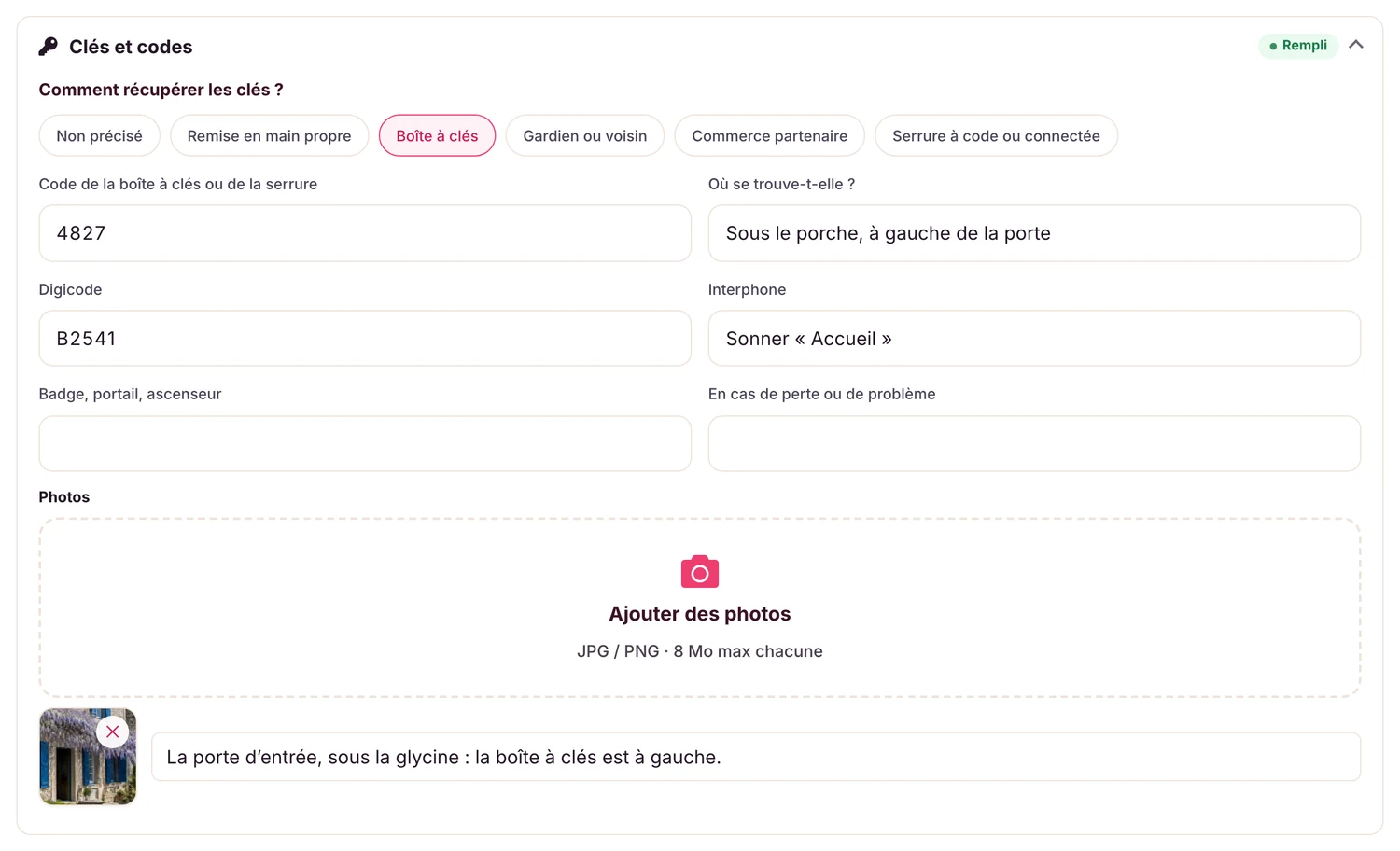 Le bloc « Clés et codes », avec une photo légendée de la boîte à clés. Code fictif.