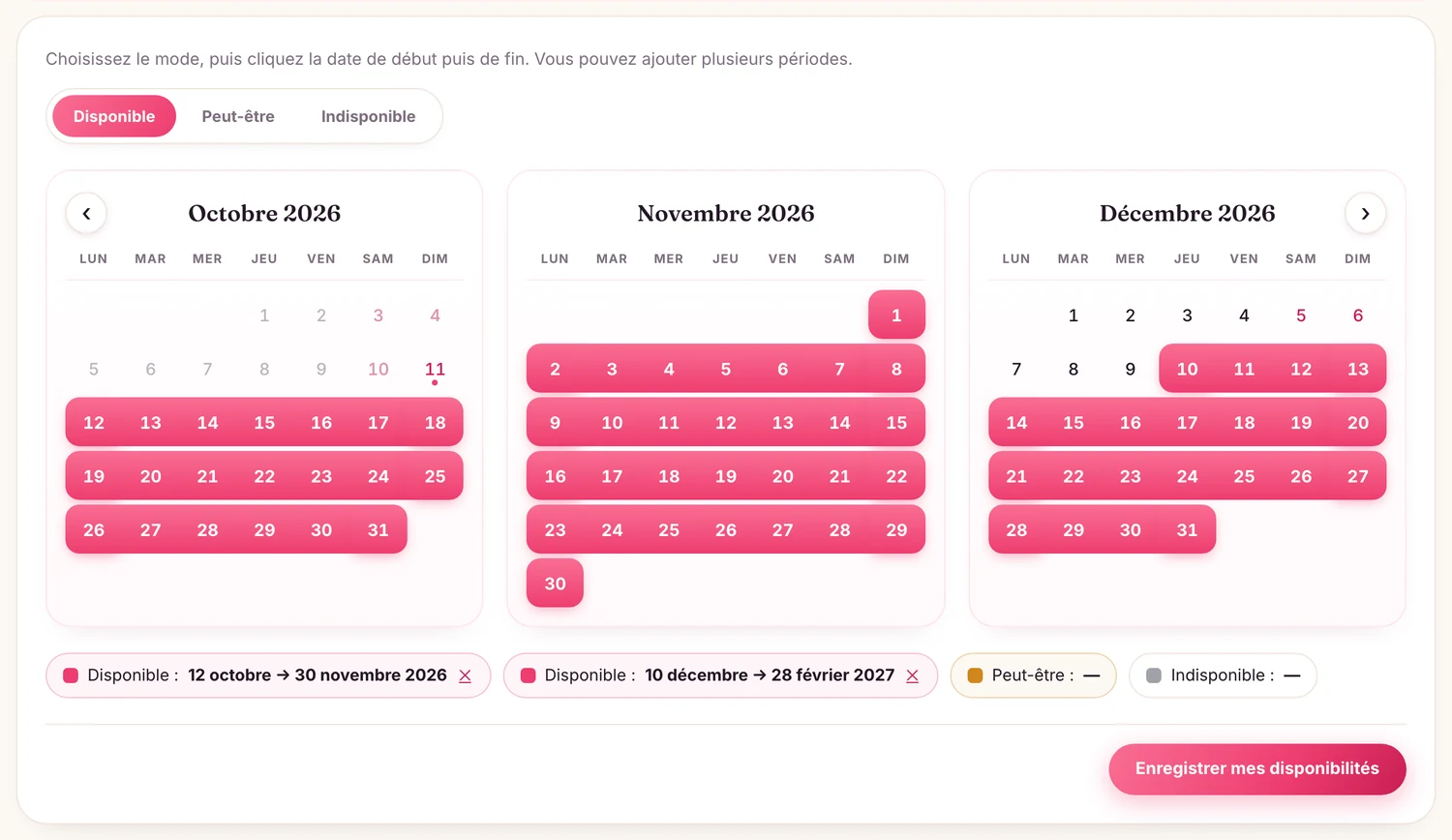 Le calendrier d'un logement : choisissez un mode, touchez la date de début puis la date de fin, puis enregistrez.