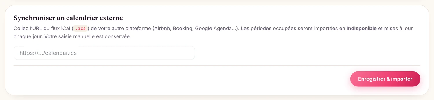 Reliez votre autre calendrier : collez son lien, puis touchez « Enregistrer & importer ».