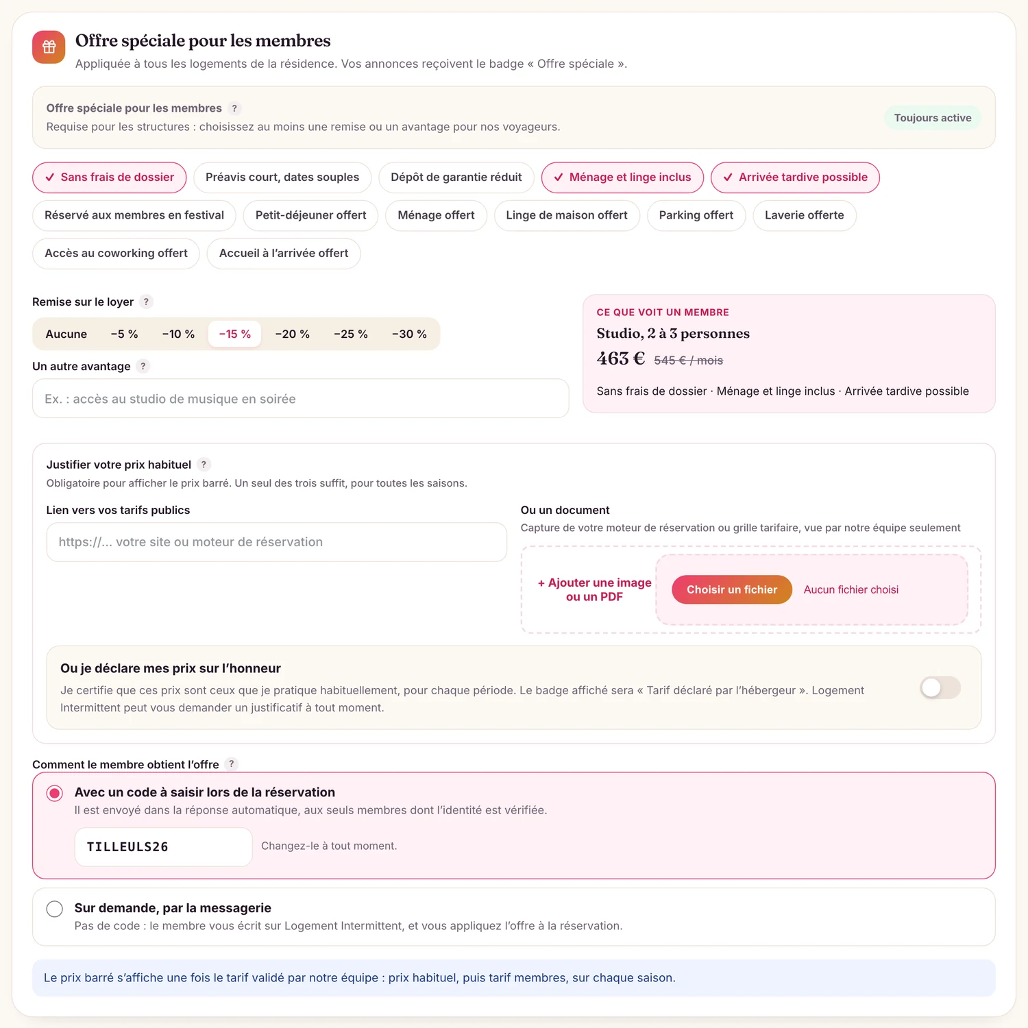 La section « Offre spéciale pour les membres » : avantages, remise, justificatif et code.