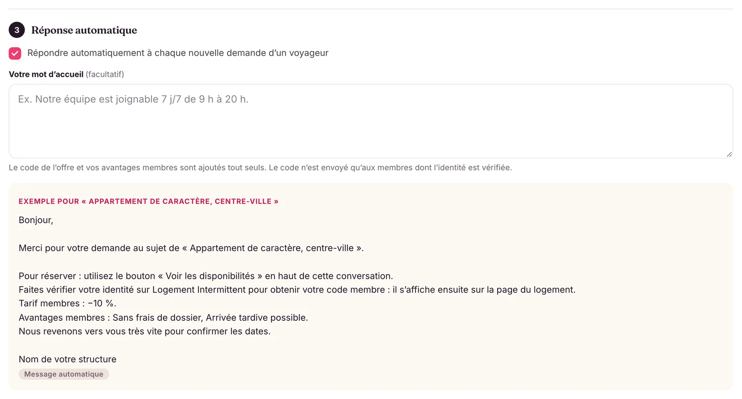 Votre mot d'accueil et l'exemple de réponse automatique.